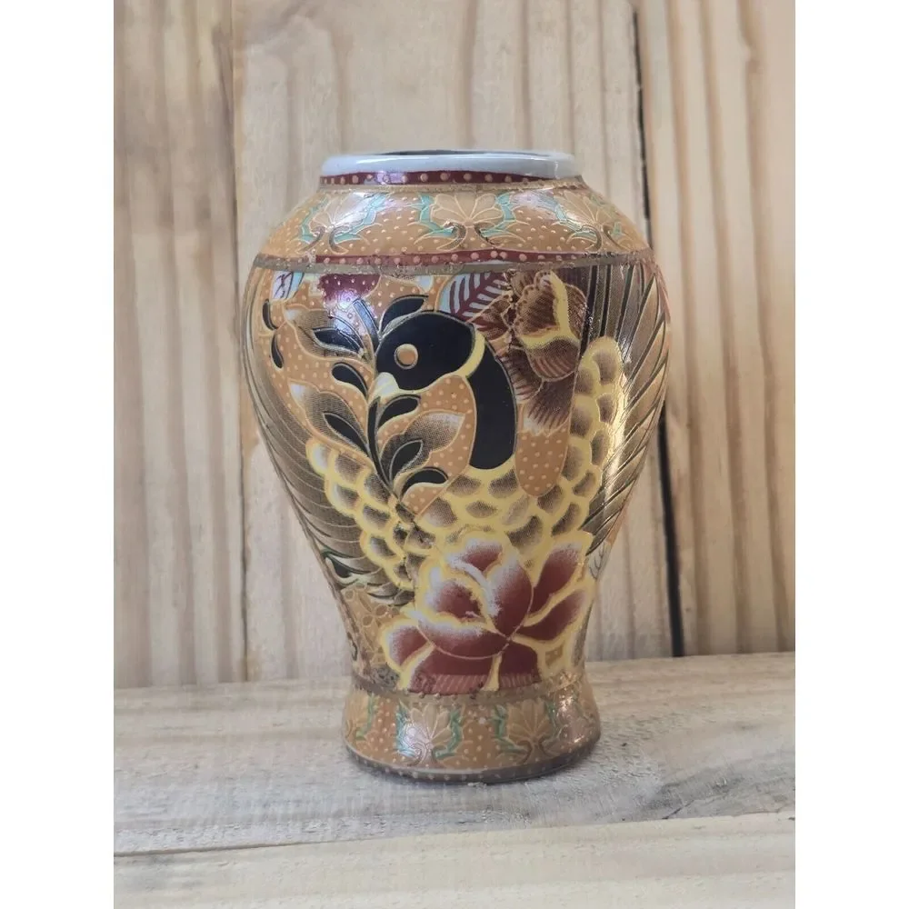 Small Vintage Asian Vase with Peacocks‎ Gold and Floral design 4.5 inches tall
